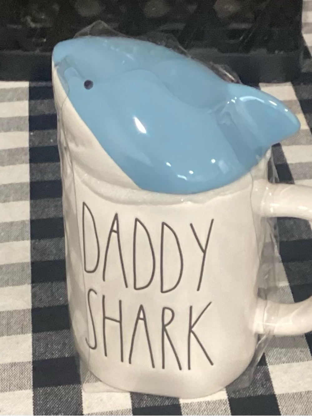 Rae Dunn Daddy Shark Mug with Blue Shark Lid